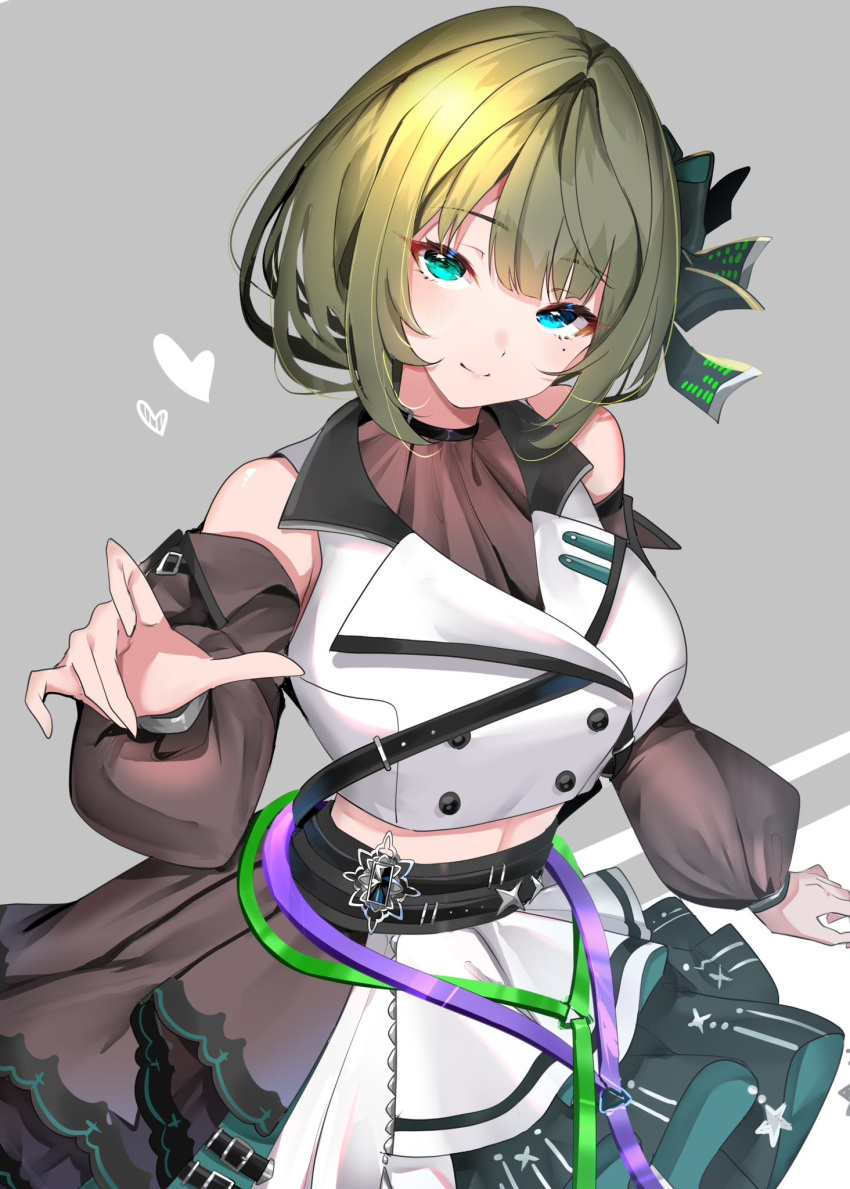 1girl aqua_background aqua_eyes black_skirt black_sleeves blue_eyes closed_mouth commentary_request crop_top detached_sleeves green_hair hair_ornament hand_up heart heterochromia highres idolmaster idolmaster_cinderella_girls layered_skirt long_sleeves looking_at_viewer midriff mole mole_under_eye multicolored_clothes multicolored_skirt puffy_long_sleeves puffy_sleeves shirt short_hair simple_background skirt sleeveless sleeveless_shirt smile solo takagaki_kaede upper_body white_shirt white_skirt yuanagae