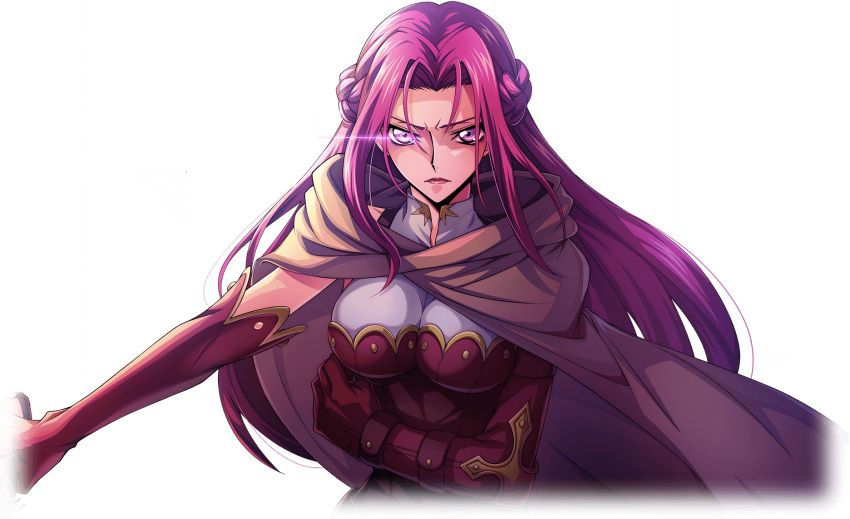 1girl artist_request braid breasts clenched_hand closed_mouth code_geass code_geass:_lost_stories cornelia_li_britannia cropped_torso crown_braid elbow_gloves eye_trail forehead french_braid game_cg gloves grey_cloak hair_intakes highres large_breasts light_trail looking_at_viewer non-web_source official_art outstretched_arm purple_eyes purple_gloves purple_shirt serious shirt sidelocks simple_background sleeveless sleeveless_shirt solo transparent_background upper_body v-shaped_eyebrows
