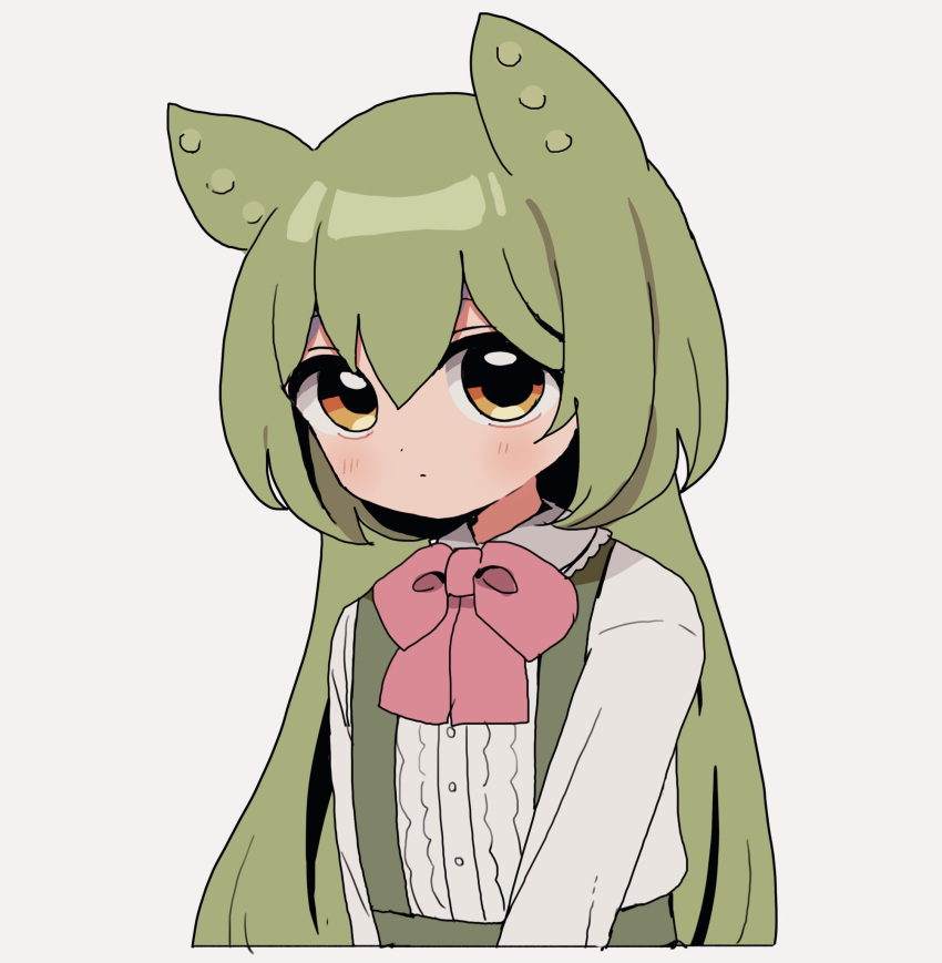 1girl blush bow bowtie buttons closed_mouth collared_shirt cropped_arms cropped_torso furrowed_brow green_hair hair_between_eyes hair_down highres light_blush long_hair looking_at_viewer nekokawaii_milk orange_eyes pink_bow shirt solo suspenders upper_body upturned_eyes voicevox zundamon