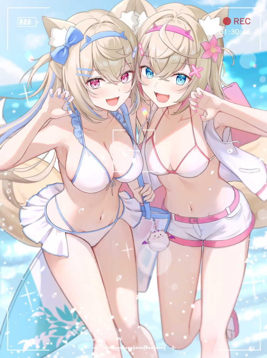 2girls animal_ear_fluff animal_ears bag beach bikini blonde_hair blue_bow blue_eyes blue_nails bow breasts cloud collarbone crossed_bangs dog_ears dog_girl flower fuwawa_abyssgard hair_bow hair_flower hair_ornament hairclip highres holding holding_bag hololive hololive_english jacket large_breasts medium_breasts midriff mococo_abyssgard multicolored_hair multiple_girls navel ocean open_clothes open_jacket open_mouth pink_eyes pink_flower pink_footwear pink_nails recording sandals shorts siblings sisters sky smile streaked_hair surfboard swimsuit tokisaka_makoto twins virtual_youtuber white_bikini white_jacket white_shorts