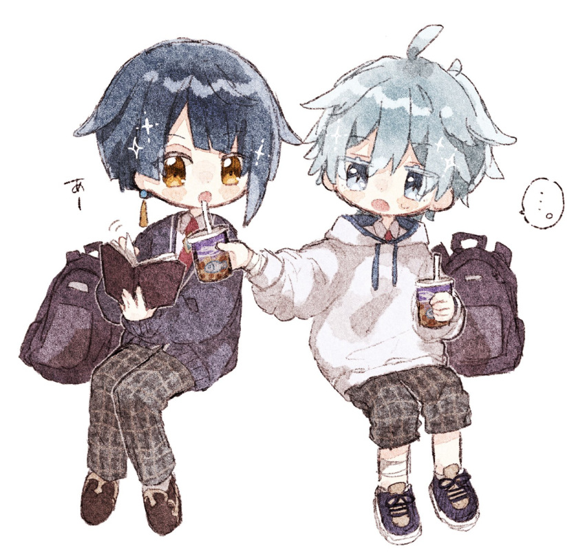 ... 2boys :o ahoge backpack bag bandaged_arm bandaged_leg bandages black_bag black_footwear blue_cardigan blue_eyes blue_hair blunt_bangs blush blush_stickers book cardigan chibi chongyun_(genshin_impact) chongyun_(gigo)_(genshin_impact) collared_shirt colored_eyelashes commentary_request cup disposable_cup drawstring drinking_straw earrings genshin_impact grey_pants hair_between_eyes highres holding holding_book holding_cup hood hood_down hoodie jewelry long_sleeves male_focus multiple_boys necktie nekorune_(bukubuku_awai) official_alternate_costume open_book open_mouth pants pants_rolled_up parted_lips plaid plaid_pants puffy_long_sleeves puffy_sleeves red_necktie school_uniform shirt shoes short_hair simple_background single_earring sneakers sparkle speech_bubble spoken_ellipsis unworn_backpack unworn_bag white_background white_hoodie white_shirt wing_collar xingqiu_(genshin_impact) xingqiu_(gigo)_(genshin_impact) yellow_eyes