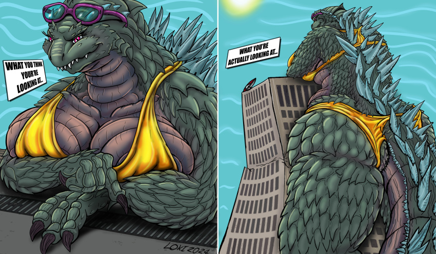 absurd_res anthro breasts building butt clothing crossed_arms english_text eyewear female godzilla godzilla_(series) hi_res kaiju lokidragon87 looking_at_viewer perspective scalie skyscraper solo sunglasses swimwear text toho