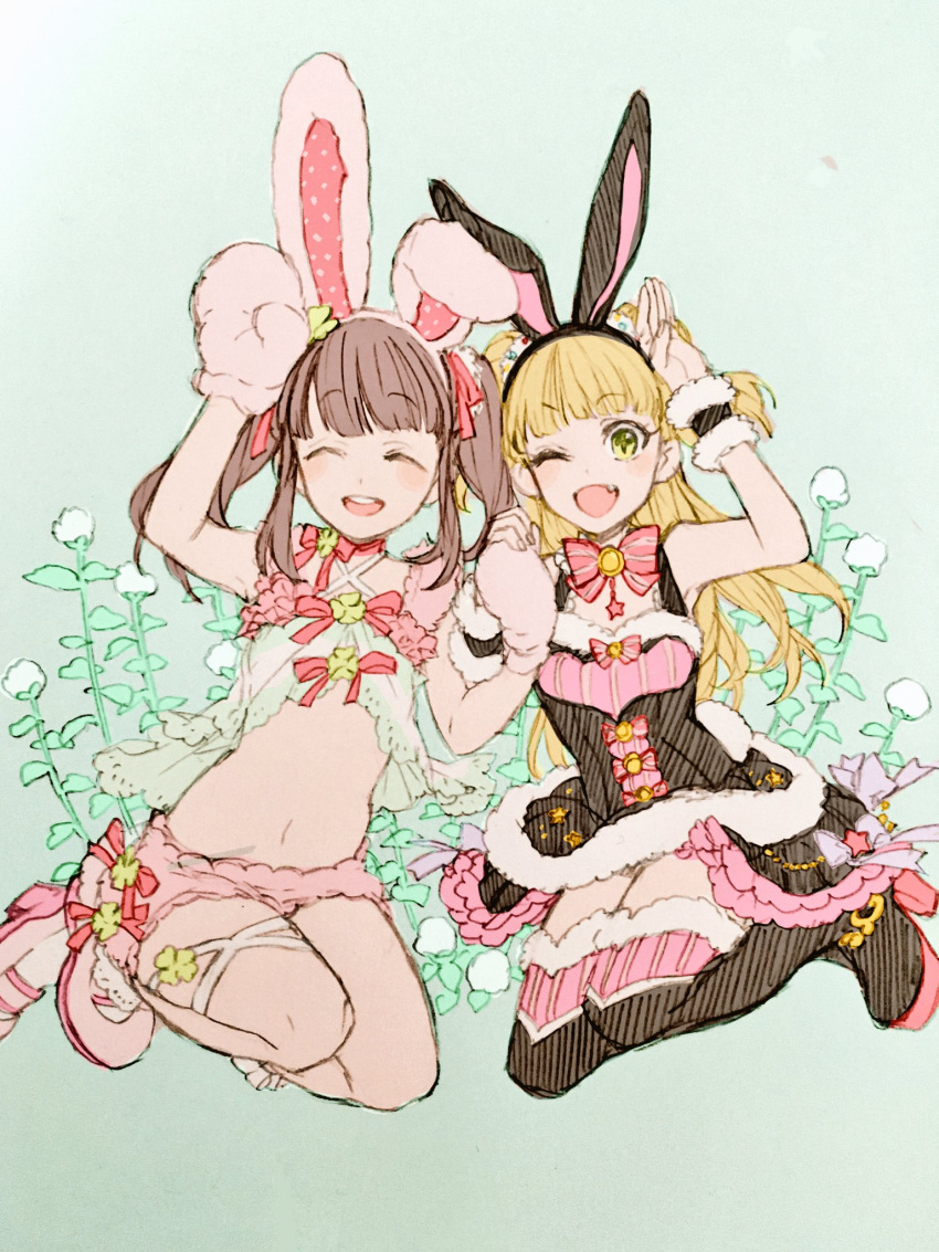 2girls animal_ears arm_up bare_shoulders blonde_hair blush boots brown_hair closed_eyes crop_top dress fake_animal_ears fang full_body fur-trimmed_dress fur_trim gacho_p high_heel_boots high_heels highres holding_hands idolmaster idolmaster_cinderella_girls jougasaki_rika long_hair looking_at_viewer mittens multiple_girls navel ogata_chieri one_eye_closed open_mouth rabbit_ears shorts sketch smile thigh_boots twintails two_side_up zettai_ryouiki