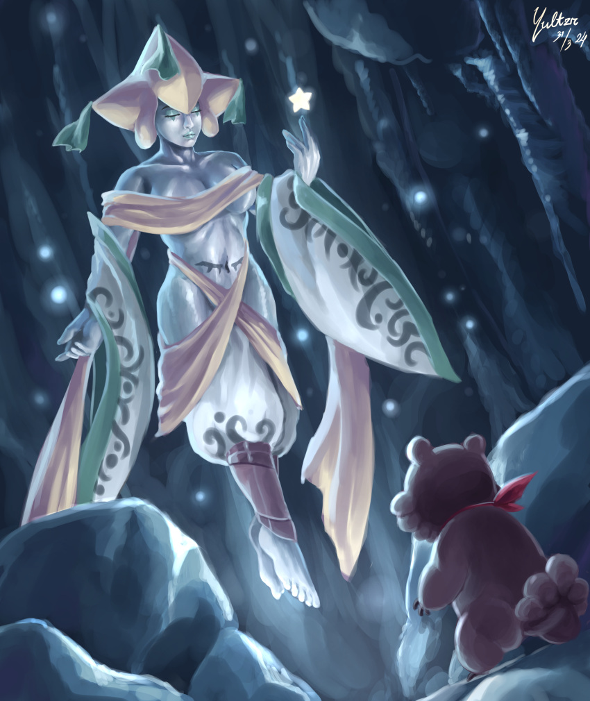 1girl absurdres barefoot bidoof breasts cave_interior closed_eyes closed_mouth collarbone colored_skin commentary dated detached_sleeves floating green_lips grey_skin hand_up highres jirachi navel pokemon pokemon_(creature) rock signature toes wide_sleeves yultzr