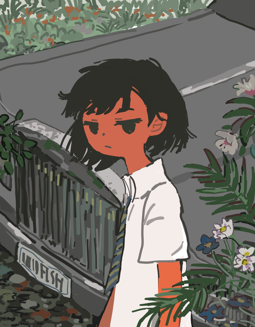 1boy :/ absurdres akziqi arms_at_sides black_eyes black_hair blue_flower branch car closed_mouth collared_shirt colored_skin commentary_request expressionless flower foliage from_side highres jitome looking_at_viewer looking_to_the_side male_focus motor_vehicle necktie orange_skin original shirt short_hair short_sleeves solo upper_body white_flower