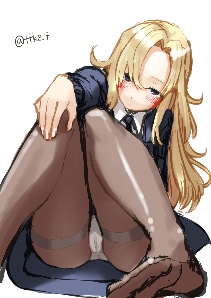 1girl black_jacket black_necktie black_pantyhose blonde_hair collared_shirt dress_shirt feet foot_out_of_frame grey_eyes hair_intakes highres hornet_(kancolle) jacket kantai_collection knees_together_feet_apart knees_up legs long_hair necktie no_shoes one-hour_drawing_challenge panties panties_under_pantyhose pantyhose pantyshot parted_bangs shirt simple_background soles solo tetsukuzu_(yajirushi_shita) thighband_pantyhose toes twitter_username underwear white_background white_panties white_shirt