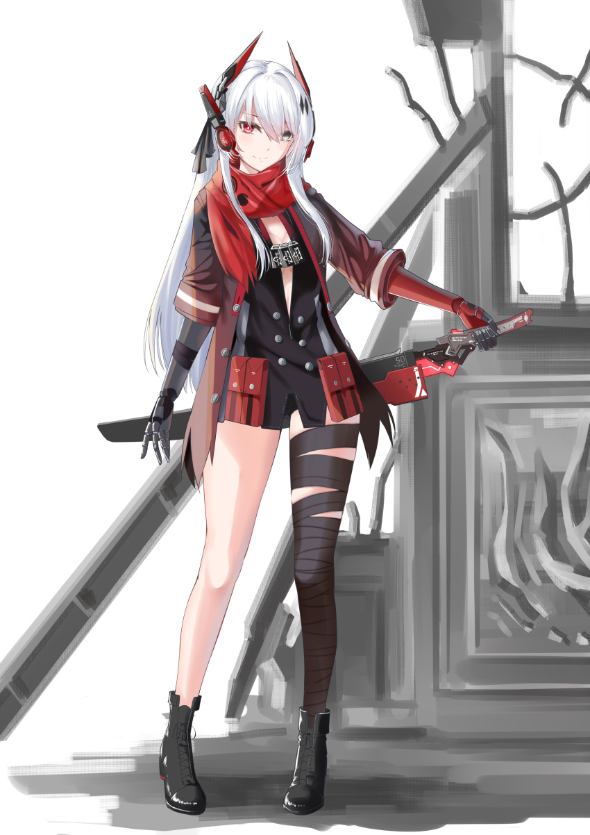 1girl absurdres alpha_(punishing:_gray_raven) bandaged_leg bandages black_bandages black_shirt dog_tags elizi full_body gradient_jacket hair_between_eyes hair_ornament headgear headphones highres holding holding_sword holding_weapon jacket long_hair looking_at_viewer lucia:_crimson_abyss_(punishing:_gray_raven) mechanical_arms open_clothes open_jacket open_shirt pouch punishing:_gray_raven red_scarf scarf sheath sheathed shirt sidelocks single_bare_leg solo sword weapon white_hair