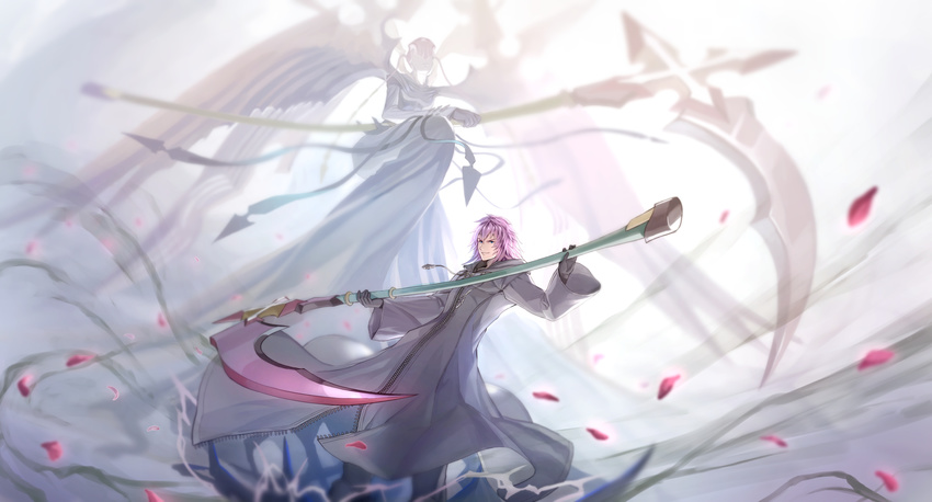 1girl absurdres aura black_cloak black_coat_(kingdom_hearts) black_gloves blurry cloak dark_aura depth_of_field gloves gogo_(detteiu_de) highres huge_weapon kingdom_hearts kingdom_hearts_chain_of_memories looking_at_viewer marluxia mask multiple_wings petals pink_hair scythe smile weapon wings zipper