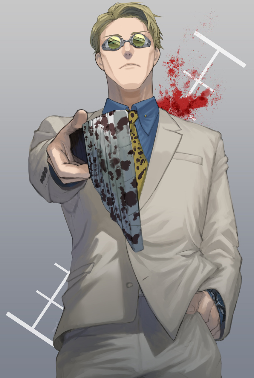 1boy 7:3_ratio absurdres animal_print bad_link blonde_hair blue_shirt brown_suit formal goggles highres holding holding_sword holding_weapon jujutsu_kaisen nanami_kento necktie pointing pointing_at_viewer pointing_weapon serious shirt short_hair solo suit sword weapon yellow_necktie