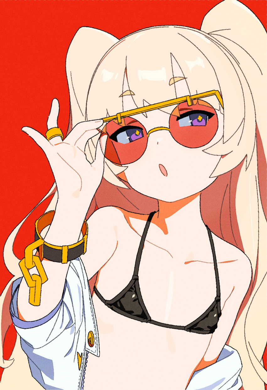 1girl azur_lane bache_(azur_lane) bikini black_bikini blonde_hair chain cuffs flat_chest hair_between_eyes highres jewelry jiryu50610218 long_hair micro_bikini purple_eyes red_background ring shackles simple_background sunglasses swimsuit twintails