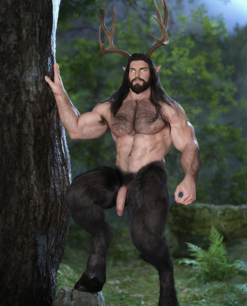 3d_(artwork) antlers armpit_hair beard body_hair celtic_mythology cernunnos chest_hair deity digital_media_(artwork) european_mythology facial_hair faun foreskin forest genitals glowing glowing_eyes hair half-erect hi_res hooves horn humanoid humanoid_genitalia humanoid_penis humanoid_pointy_ears light long_hair male moonlight mythology navel nipples nude pecs penis plant pubes raucousrook retracted_foreskin satyr solo tree