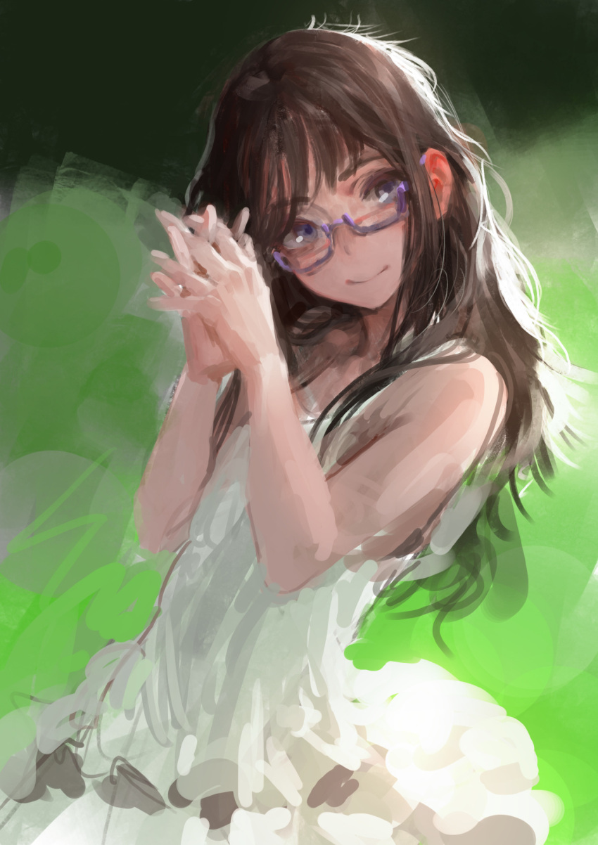 1girl bare_arms black_hair brown_hair dress glasses green_background highres interlocked_fingers long_hair looking_at_viewer nanbo_ataru_(attall) original own_hands_together painttool_sai_(medium) purple-framed_eyewear purple_eyes semi-rimless_eyewear sketch smile solo under-rim_eyewear white_dress