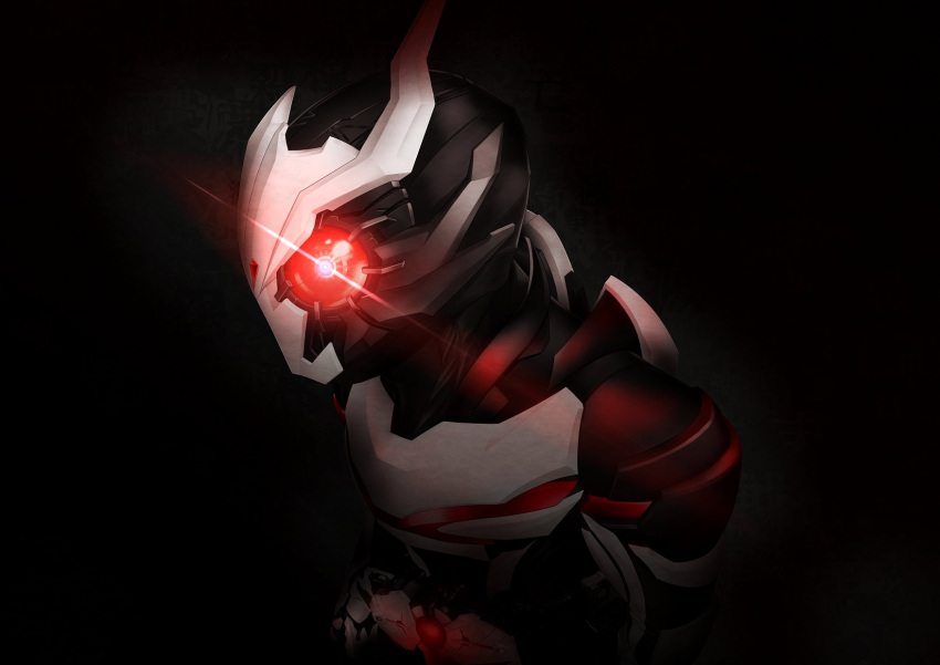 1boy antennae ark_driver armor belt black_bodysuit bodysuit glowing glowing_eye highres kamen_rider kamen_rider_01_(series) kamen_rider_ark-one looking_at_viewer male_focus mask red_eyes rider_belt ryukawa shoulder_pads solo tokusatsu white_armor