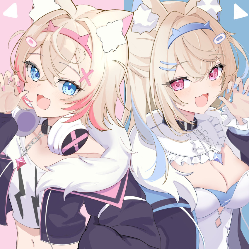 2girls animal_ear_fluff animal_ears black_coat black_jacket blonde_hair blue_background blue_eyes blue_hair blue_hairband breasts claw_pose cleavage coat collar collarbone cropped_jacket cropped_shirt dog_ears dog_girl dress fake_horns flat_chest fuwawa_abyssgard fuwawa_abyssgard_(1st_costume) hair_intakes hairband headphones headphones_around_neck highres hololive hololive_english horns jacket large_breasts midriff mococo_abyssgard mococo_abyssgard_(1st_costume) multicolored_hair multiple_girls navel pink_background pink_eyes pink_hair pink_hairband print_shirt shirt streaked_hair two-tone_hair umikotatsu white_dress white_shirt