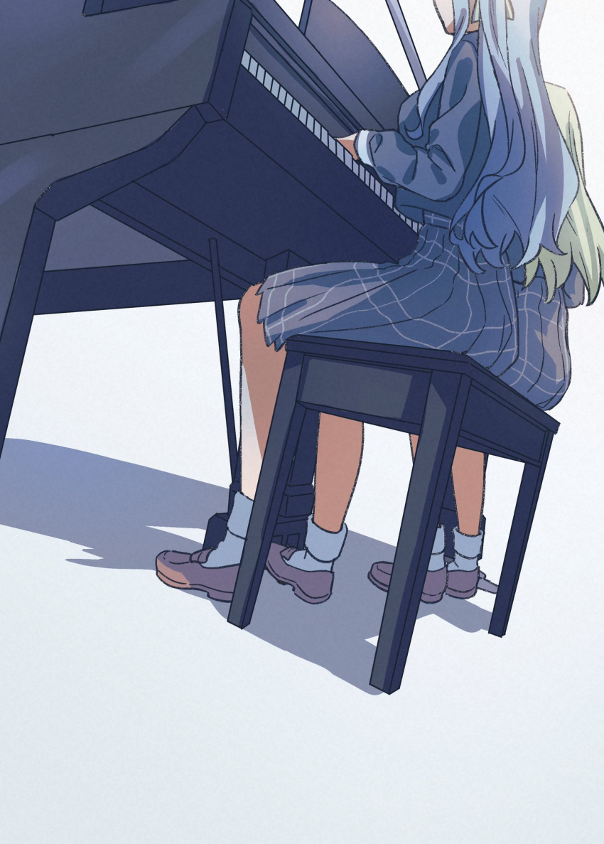 2girls bang_dream! bang_dream!_it's_mygo!!!!! blue_hair blue_shirt blue_skirt brown_footwear chinese_commentary commentary_request gradient_background grand_piano green_hair grey_background highres instrument kimini_(kimini_0110) loafers long_hair long_sleeves multiple_girls music piano piano_bench playing_instrument playing_piano pleated_skirt school_uniform shadow shirt shoes sitting skirt socks togawa_sakiko tsukinomori_school_uniform wakaba_mutsumi white_socks