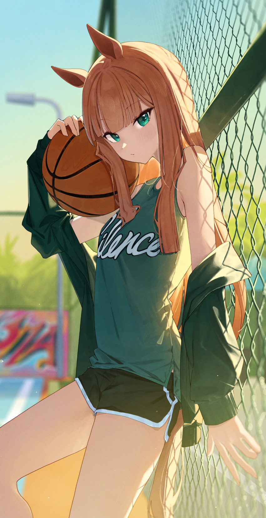 1girl absurdres against_fence alternate_costume animal_ears aqua_eyes ball bare_shoulders basketball basketball_(object) black_jacket black_shorts blurry blurry_background chain-link_fence closed_mouth dolphin_shorts evening fence from_side green_shirt highres holding holding_ball horse_ears horse_girl jacket long_hair looking_at_viewer ningen_gokko off_shoulder orange_hair outdoors shirt short_shorts shorts silence_suzuka_(umamusume) sleeveless sleeveless_shirt umamusume