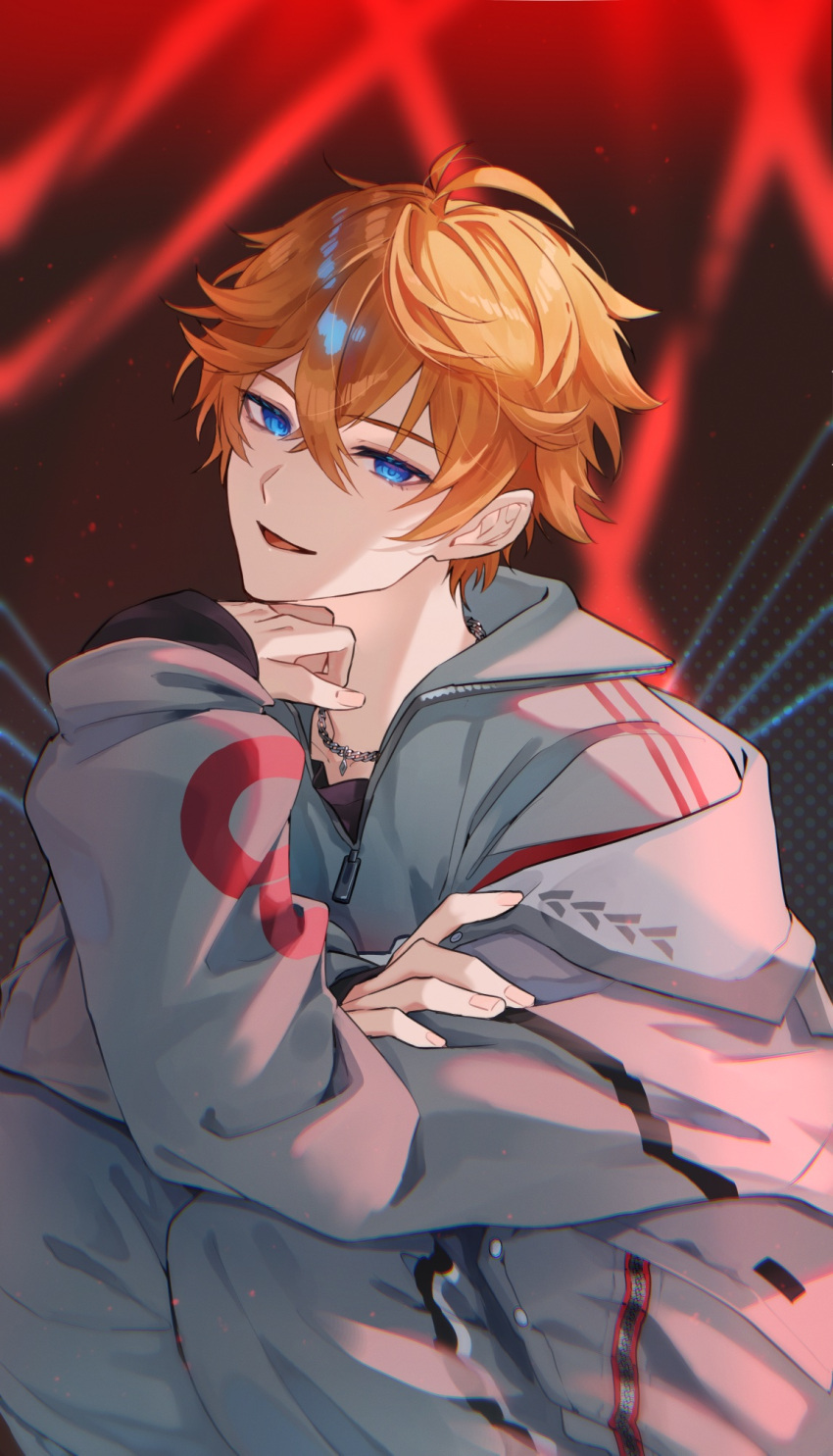 1boy blue_eyes genshin_impact gloves grey_shirt hair_between_eyes highres jewelry long_sleeves male_focus necklace open_mouth orange_hair shirt short_hair smile solo tartaglia_(genshin_impact) xxchicoxxf