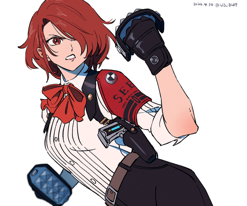 1girl armband belt belt_buckle black_gloves bow bowtie buckle clenched_hands collared_shirt commentary_request cosplay dated evoker fighting_stance gekkoukan_high_school_uniform gloves highres holster kirijou_mitsuru korean_commentary lcs_0209 parted_lips persona persona_3 persona_3_reload red_armband red_bow red_bowtie s.e.e.s sanada_akihiko sanada_akihiko_(cosplay) school_uniform serious shirt simple_background sleeves_rolled_up solo spiked_knuckles twitter_username upper_body white_background white_shirt