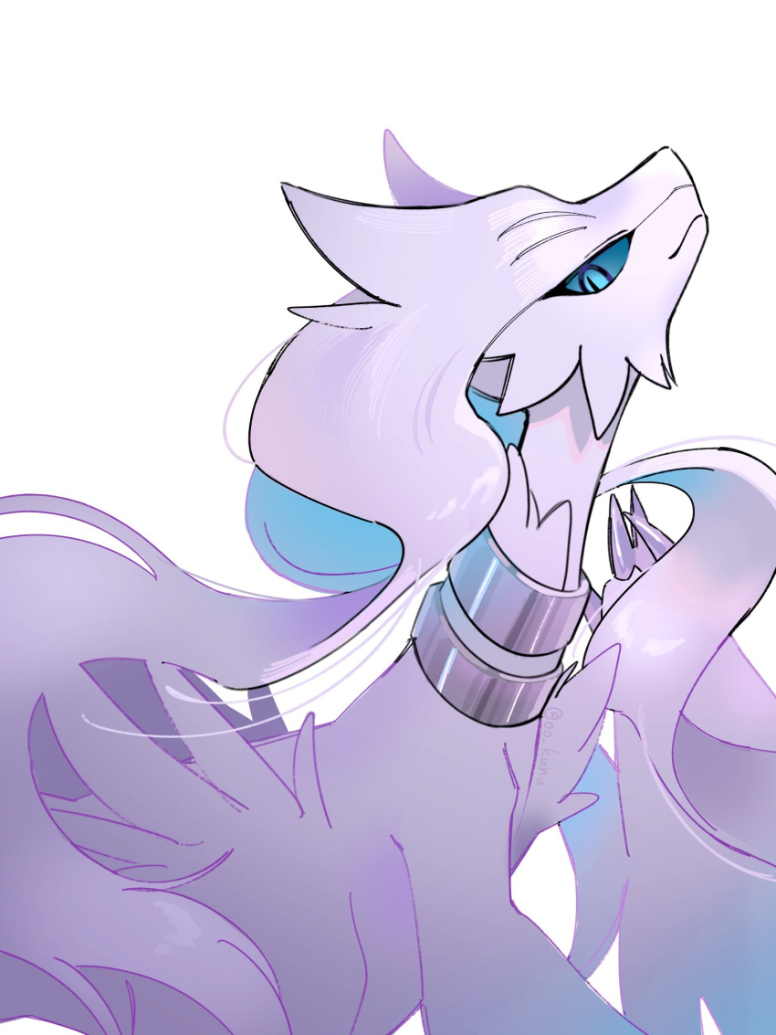 blue_eyes blue_sclera claws closed_mouth colored_sclera dragon highres kashiwa_gnu long_hair looking_at_viewer no_humans pokemon pokemon_(creature) reshiram slit_pupils smile solo upper_body white_background white_fur white_hair