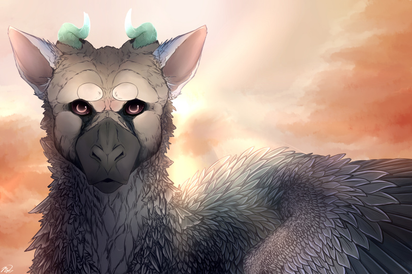 feathered_wings feathers grey_feathers horn looking_at_viewer mollish pink_eyes solo the_last_guardian trico video_games wings