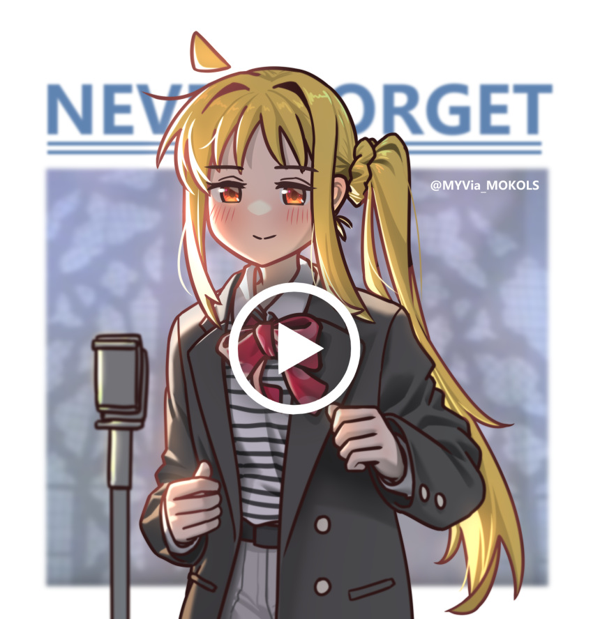 1girl ahoge black_jacket blonde_hair blush bocchi_the_rock! bow bowtie closed_mouth collared_shirt commentary cosplay english_text gibberish_commentary grey_pants hands_up highres ijichi_nijika jacket long_hair long_sleeves microphone myjet never_gonna_give_you_up open_clothes open_jacket orange_eyes pants play_button red_bow red_bowtie rick_astley rick_astley_(cosplay) shirt side_ponytail smile solo striped_clothes striped_shirt twitter_username upper_body white_shirt