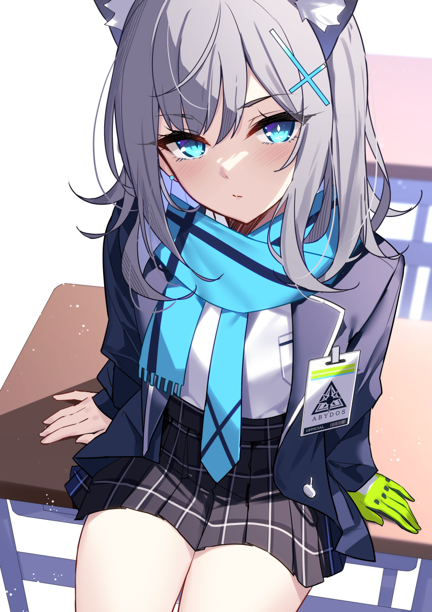 1girl absurdres animal_ear_fluff animal_ears aosaki_yukina blue_archive blue_eyes blue_scarf breasts cross_hair_ornament extra_ears gloves green_gloves grey_hair hair_ornament halo highres long_sleeves looking_at_viewer scarf shiroko_(blue_archive) sitting skirt solo wolf_ears