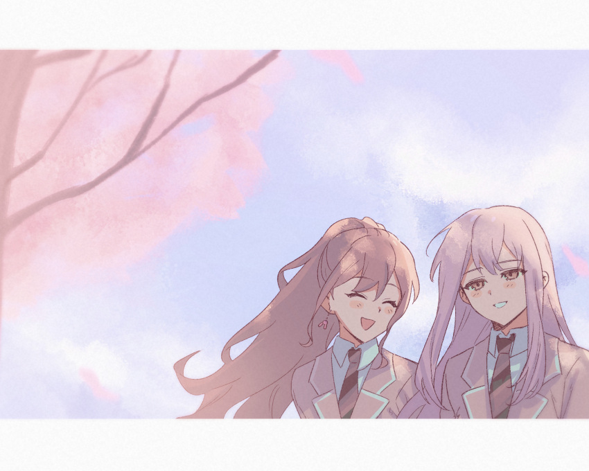 2girls bang_dream! black_necktie blue_sky brown_eyes brown_hair cherry_blossoms closed_eyes cloud collared_shirt earrings grey_hair grey_jacket haneoka_school_uniform highres imai_lisa jacket jewelry kimini_(kimini_0110) long_hair minato_yukina multiple_girls necktie open_mouth outdoors parted_lips ponytail school_uniform shirt sky smile tree upper_body white_shirt