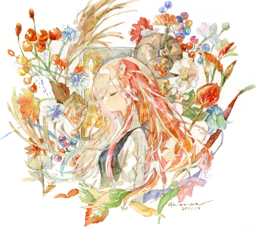 1girl closed_eyes flower from_side grey_hair highres kazuka long_hair multicolored_hair original painting_(medium) plant red_hair shell solo sweater traditional_media turtleneck turtleneck_sweater upper_body watercolor_(medium) white_background