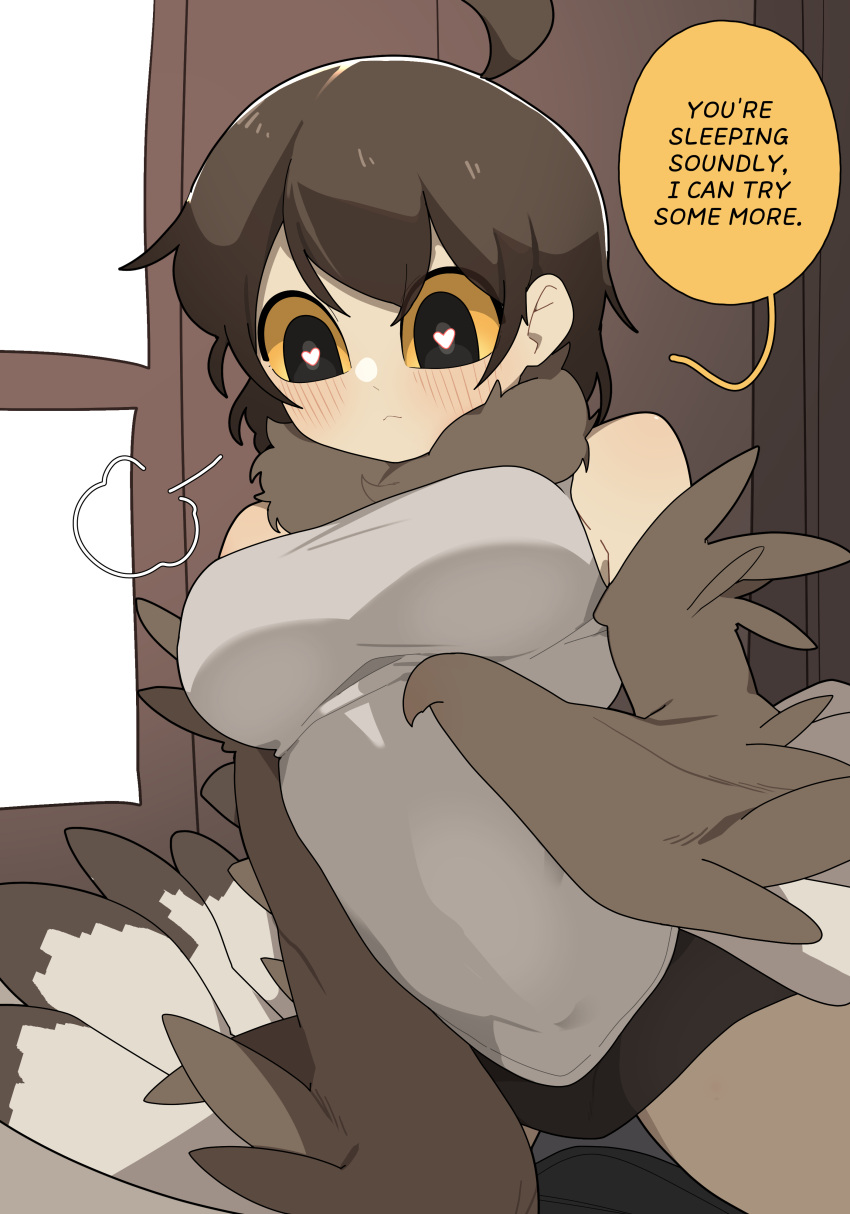 1girl absurdres ahoge bare_shoulders black_eyes black_skirt blush breasts brown_feathers brown_hair brown_wings colored_sclera commentary english_commentary english_text feathers gomulgong grey_feathers harpy heart heart-shaped_pupils highres medium_breasts medium_hair monster_girl neck_fur original owl_girl owl_girl_(gomulgong) shirt short_hair skirt sleeveless sleeveless_shirt solo speech_bubble symbol-shaped_pupils winged_arms wings yellow_sclera