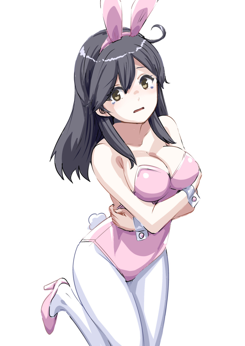 1girl 30-06 ahoge animal_ears bare_shoulders black_hair blush breasts brown_eyes covered_navel crossed_arms embarrassed fake_animal_ears highres kantai_collection large_breasts leotard long_hair looking_at_viewer open_mouth pantyhose pink_leotard playboy_bunny rabbit_ears rabbit_tail solo standing standing_on_one_leg strapless strapless_leotard tail ushio_(kancolle) white_background white_pantyhose wrist_cuffs