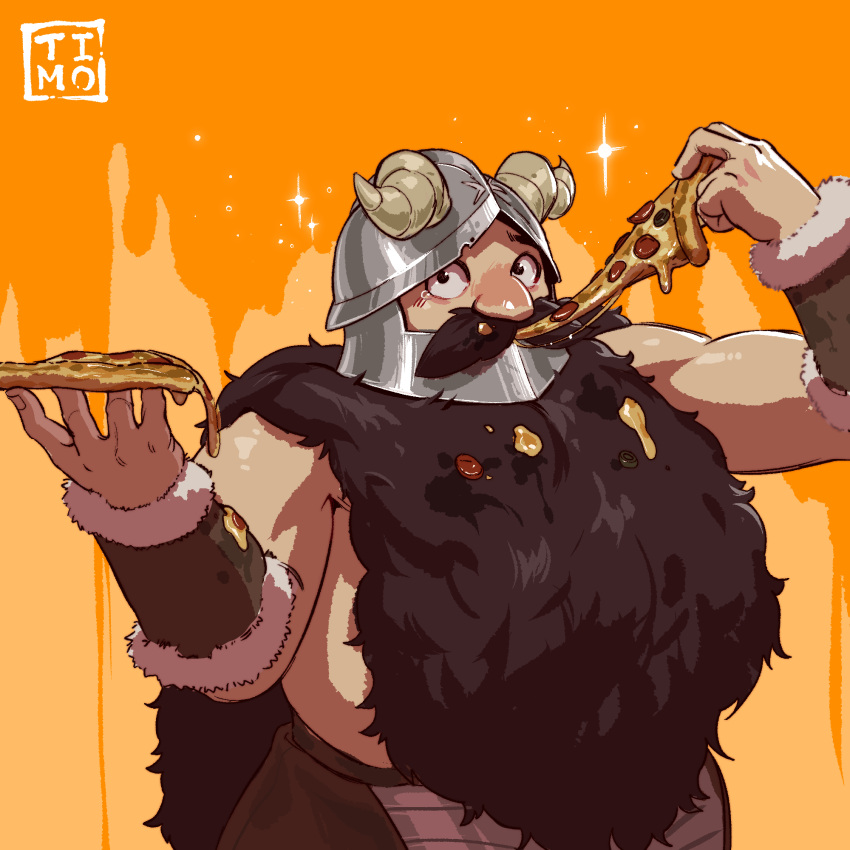 1boy bara beard belly brown_hair dungeon_meshi dwarf eating facial_hair fake_horns food helmet highres horned_helmet horns incoming_food long_beard male_focus pizza pizza_slice plump senshi_(dungeon_meshi) solo sparkle tearing_up thick_mustache timo_(timotimo628) toned toned_male topless_male very_long_beard