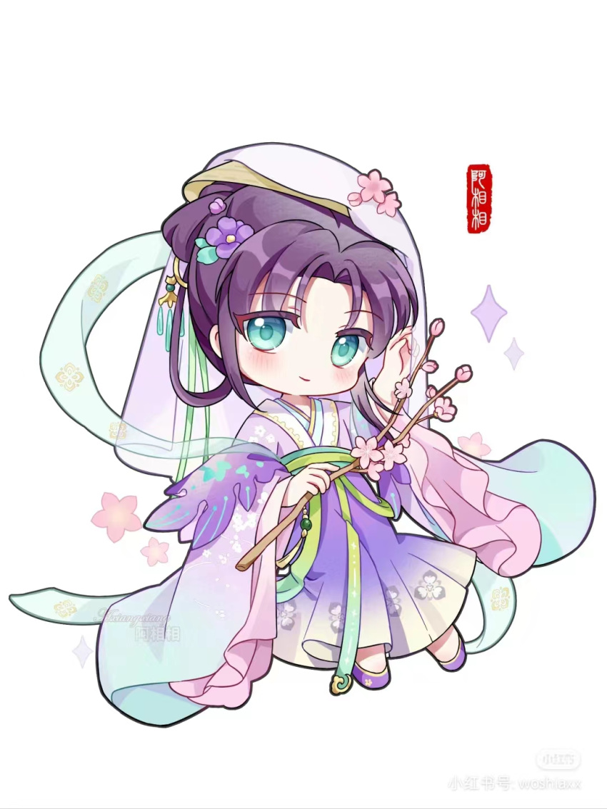 1girl branch chibi chinese_clothes flower full_body green_eyes hagoromo hair_ornament hanfu highres holding looking_at_viewer non-web_source pink_flower qixiong_ruqun shawl solo veil wide_sleeves