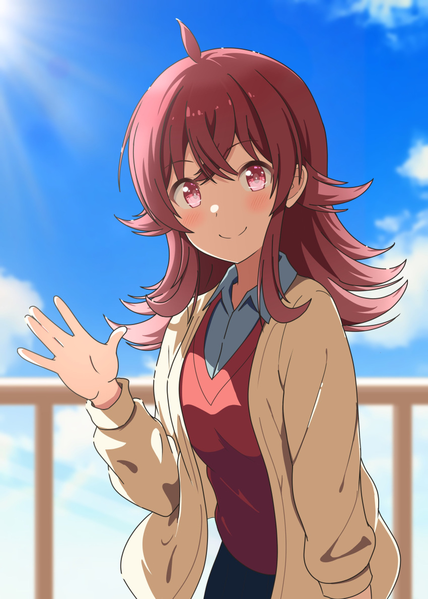 1girl absurdres ahoge blue_sky blush breasts cardigan cloud commentary_request day fence hair_between_eyes hair_flaps hand_up highres idolmaster idolmaster_shiny_colors komiya_kaho long_hair looking_at_viewer medium_breasts outdoors red_eyes red_hair red_vest ryoga_kk shirt sidelocks sky smile solo sunlight vest waving white_shirt yellow_cardigan