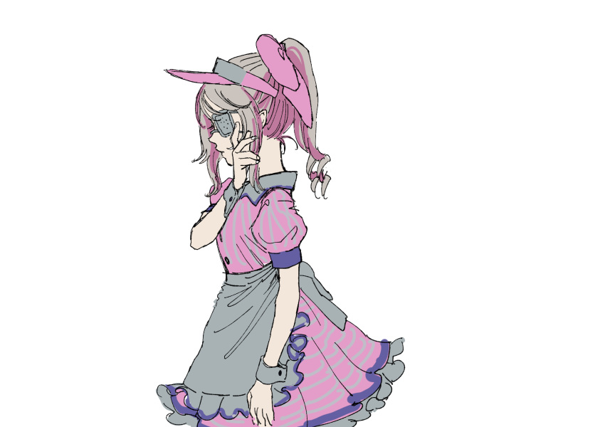 1girl alternate_costume apron arm_at_side bow brown_hair collared_dress colored_inner_hair dress eyepatch from_side grey_apron hair_bow hand_up hat highres koze_niire looking_ahead makaino_ririmu medical_eyepatch multicolored_hair nijisanji one_eye_covered pink_bow pink_dress pink_hat ponytail profile puffy_short_sleeves puffy_sleeves purple_hair ringlets short_dress short_sleeves sidelocks simple_background solo virtual_youtuber visor_cap waist_apron waitress white_background wrist_cuffs