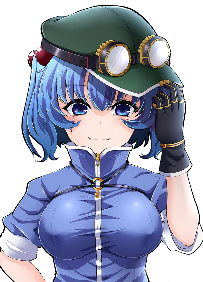 bangs black_gloves blue_eyes blue_hair breasts closed_mouth commentary_request gloves goggles goggles_on_headwear green_hat hair_bobbles hair_ornament hat highres kawashiro_nitori key large_breasts looking_at_viewer rihito_(usazukin) short_sleeves simple_background smile solo touhou turtleneck two_side_up white_background zipper