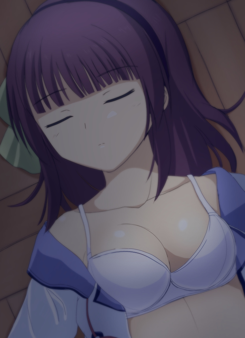 1girl absurdres angel_beats! black_hairband blue_sailor_collar bra breasts cleavage closed_eyes closed_mouth collarbone commentary_request dutch_angle green_ribbon hair_ribbon hairband highres indoors lelie_(lelie_link) light_blush lying medium_breasts medium_hair midriff nakamura_yuri on_back open_clothes open_shirt paid_reward_available purple_hair ribbon sailor_collar shinda_sekai_sensen_uniform shirt sleeping solo straight_hair underwear upper_body white_bra white_shirt wooden_floor