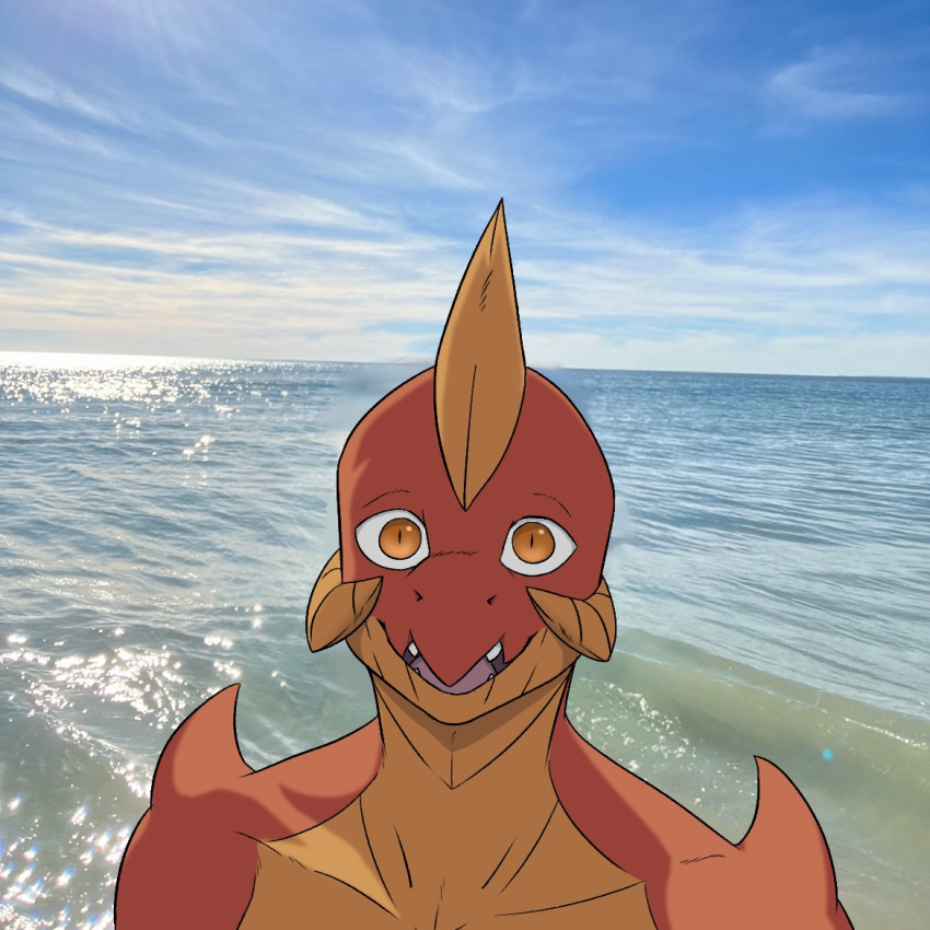 anthro arm_spikes beach blue_sky cloud digital_media_(artwork) dragon humor looking_at_viewer male mythological_creature mythological_scalie mythology novah_ikaro novah_ikaro_(character) open_mouth orange_body orange_eyes orange_scales photo_background photography_(artwork) pupils red_body red_scales scales scalie sea shaded shoulder_spikes sky slit_pupils solo spikes spikes_(anatomy) teeth tongue water wingless_dragon