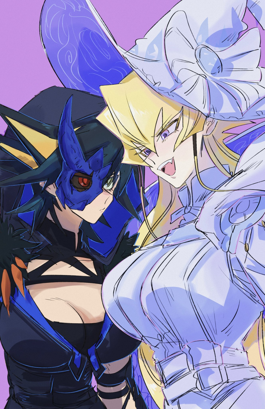 2girls black_hair blonde_hair blue_eyes blue_mask breasts cleavage collar cosplay diabellstar_the_black_witch diabellstar_the_black_witch_(cosplay) diabellze_the_original_sinkeeper diabellze_the_original_sinkeeper_(cosplay) dress fang fudo_yusei fur_trim genderswap genderswap_(mtf) green_eyes half_mask hat highres hood hood_up jack_atlas large_breasts long_hair mask medium_hair multicolored_hair multiple_girls purple_background r42r98r streaked_hair two-tone_hair white_dress white_hat witch witch_hat yu-gi-oh! yu-gi-oh!_5d's