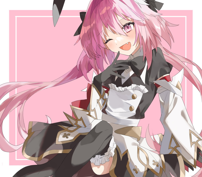 1boy astolfo_(fate) astolfo_(saber)_(fate) astolfo_(saber)_(third_ascension)_(fate) black_bow black_bowtie black_gloves black_ribbon blush bow bowtie dress fate/grand_order fate_(series) gloves hair_bow highres juliet_sleeves layered_skirt long_hair long_sleeves looking_at_viewer low_twintails male_focus one_eye_closed ooo00_cha otoko_no_ko pink_hair puffy_sleeves purple_eyes ribbon skirt smile solo twintails wing_collar