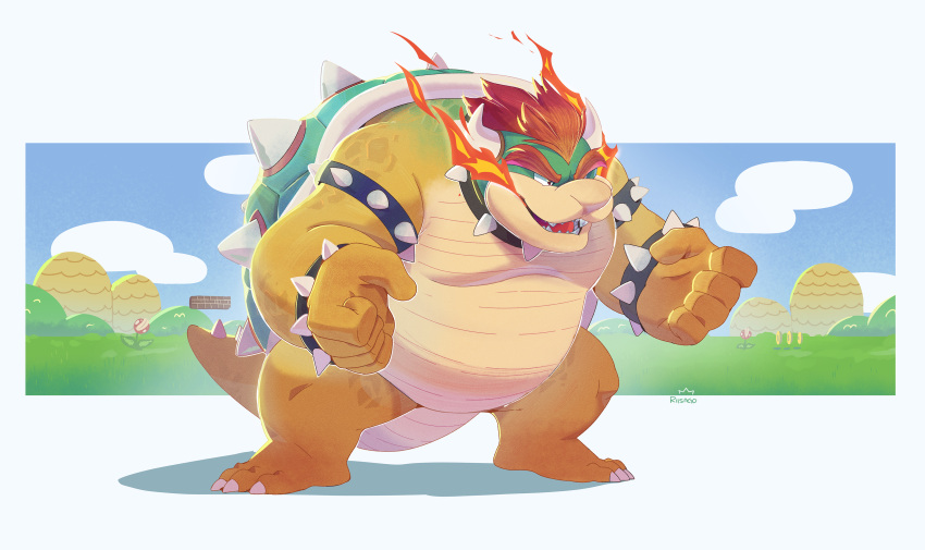 5_fingers absurd_res anthro biped bowser bracelet eyebrows feet fingers fire hair hi_res horn humanoid_hands jewelry koopa male male_anthro mario_bros nintendo overweight overweight_anthro overweight_male riisago scalie shell solo spiked_bracelet spikes toes