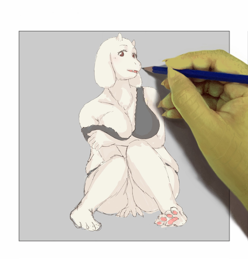 2023 4_toes alphys anthro bikini black_bikini black_clothing black_swimwear boss_monster_(undertale) bovid caprine clothing drawing_in_a_drawing feet female fur goat hi_res komm64 mammal pawpads pencil_(object) scales solo swimwear toes toriel undertale_(series) white_body white_fur yellow_body yellow_scales