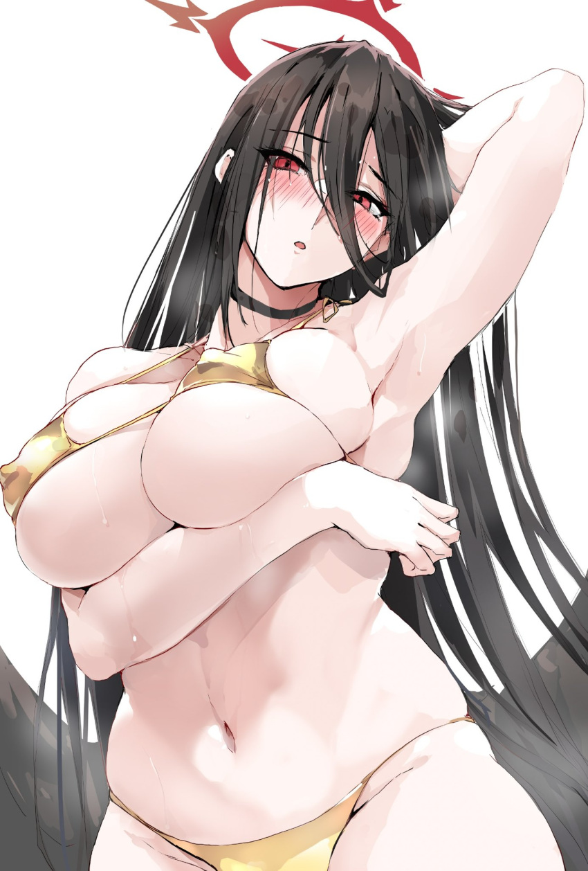 1girl armpits bikini black_choker black_hair black_wings blue_archive blush breast_hold breasts choker cleavage collarbone covered_nipples feathered_wings gold_bikini groin hair_between_eyes halo hasumi_(blue_archive) highres large_breasts long_hair looking_at_viewer navel plump red_eyes skindentation solo swimsuit very_long_hair wings zekkyon