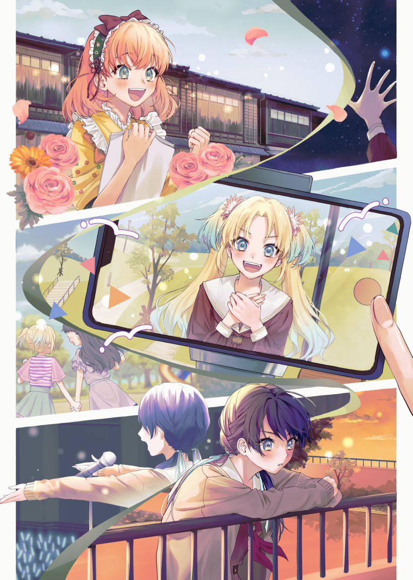 4girls :d absurdres against_railing azuma_(no488888) blonde_hair blue_hair blue_ribbon blue_sky blush bow brown_bow brown_cardigan brown_hair cardigan cellphone clenched_hand commentary_request crossed_bangs dark_blue_hair dress falling_petals fangs flower flower_knot fujishima_megumi glowstick gradient_hair green_headdress green_skirt grey_dress grey_eyes grey_sky hair_flower hair_ornament hair_ribbon hasu_no_sora_school_uniform highres hinoshita_kaho holding_flyer holding_hands in-universe_location japanese_clothes kimono light_blue_hair light_particles link!_like!_love_live! long_hair love_live! low_twintails lower_teeth_only maid maid_headdress medium_hair microphone_stand multicolored_hair multiple_girls murano_sayaka music night night_sky official_alternate_costume open_cardigan open_clothes open_hand open_mouth orange_flower orange_hair orange_sky osawa_rurino outside_border paper_stack parted_bangs penlight_(glowstick) petals phone phone_stand pillarboxed pink_flower pink_petals pink_rose pink_shirt pleated_skirt railing ribbon rose school_uniform shirt shirt_tucked_in short_hair short_sleeves singing skirt sky smartphone smile split_theme star_(sky) starry_sky striped_clothes striped_shirt sunset teeth tree triangle twintails two_side_up upper_teeth_only virtual_youtuber wa_maid white_flower winter_uniform yellow_kimono