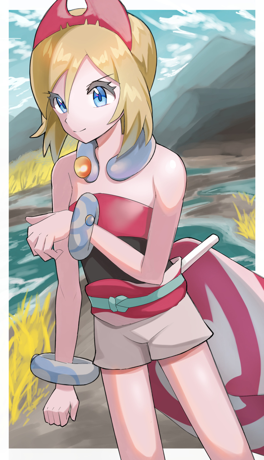 1girl absurdres bare_shoulders blonde_hair blue_eyes border bracelet closed_mouth cloud day eyelashes flute hair_between_eyes hairband highres instrument irida_(pokemon) jewelry neck_ring outdoors pokemon pokemon_legends:_arceus red_hairband sash shirt shorts sky smile solo standing strapless strapless_shirt tamakage_(zeeh7854) waist_cape white_border