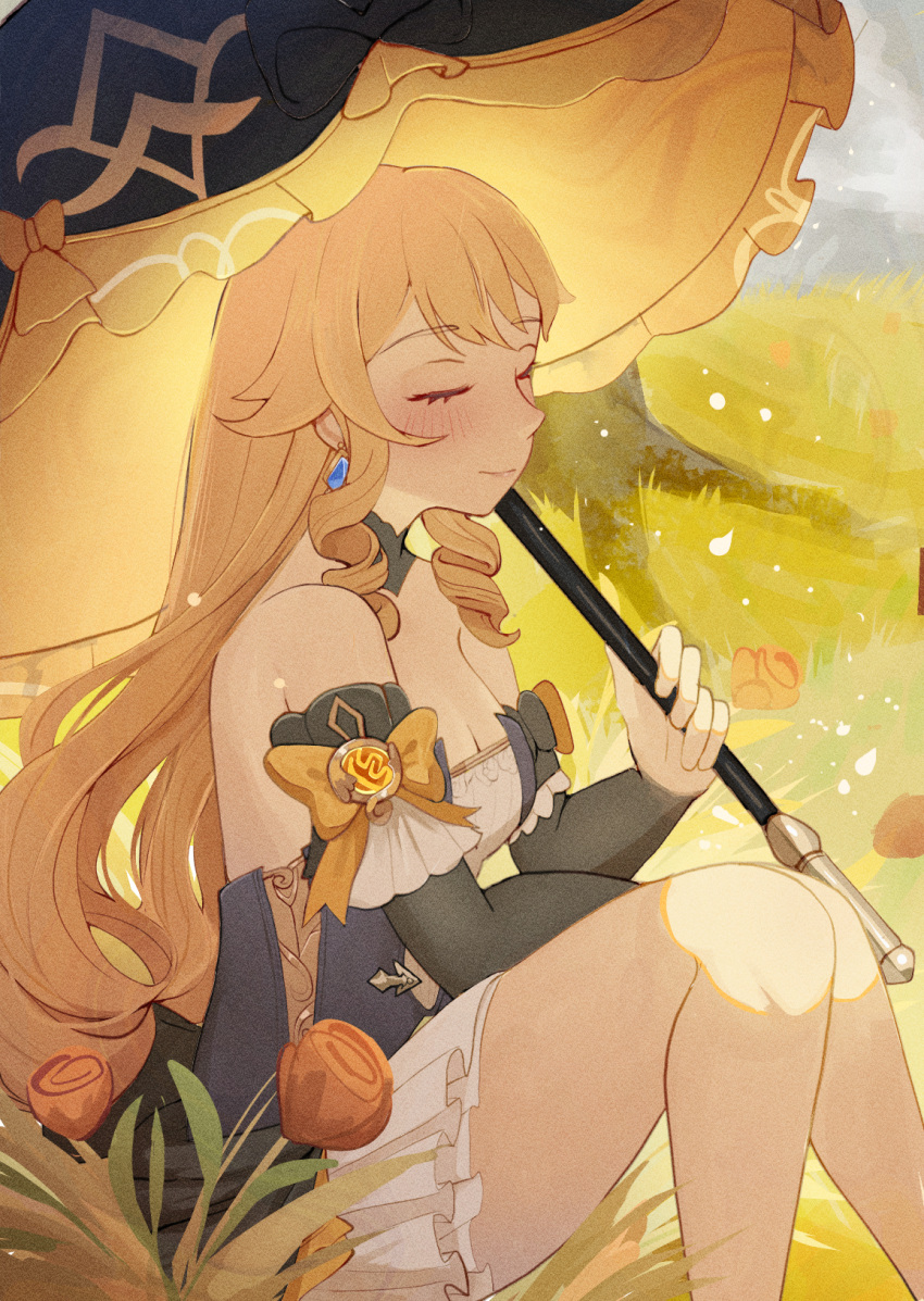 1girl bare_legs bare_shoulders blonde_hair closed_eyes commentary detached_sleeves dress drill_hair drill_sidelocks earrings feet_out_of_frame genshin_impact highres holding holding_umbrella jewelry long_sleeves navia_(genshin_impact) sidelocks sitting solo strapless strapless_dress thighs umbrella yellow_glasses_(odivichno)