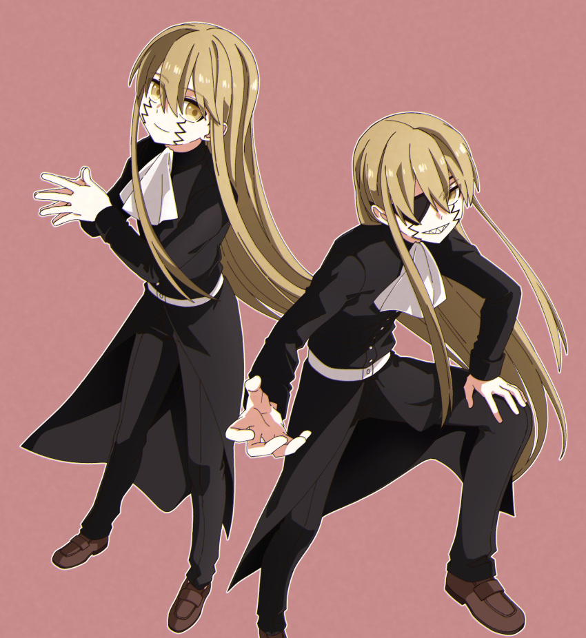 1boy ascot blonde_hair brown_footwear eyepatch facial_mark full_body grin highres kulbeart_m levi_rosequartz long_hair long_sleeves mashle multiple_views sharp_teeth shoes smile teeth uniform white_ascot yellow_eyes