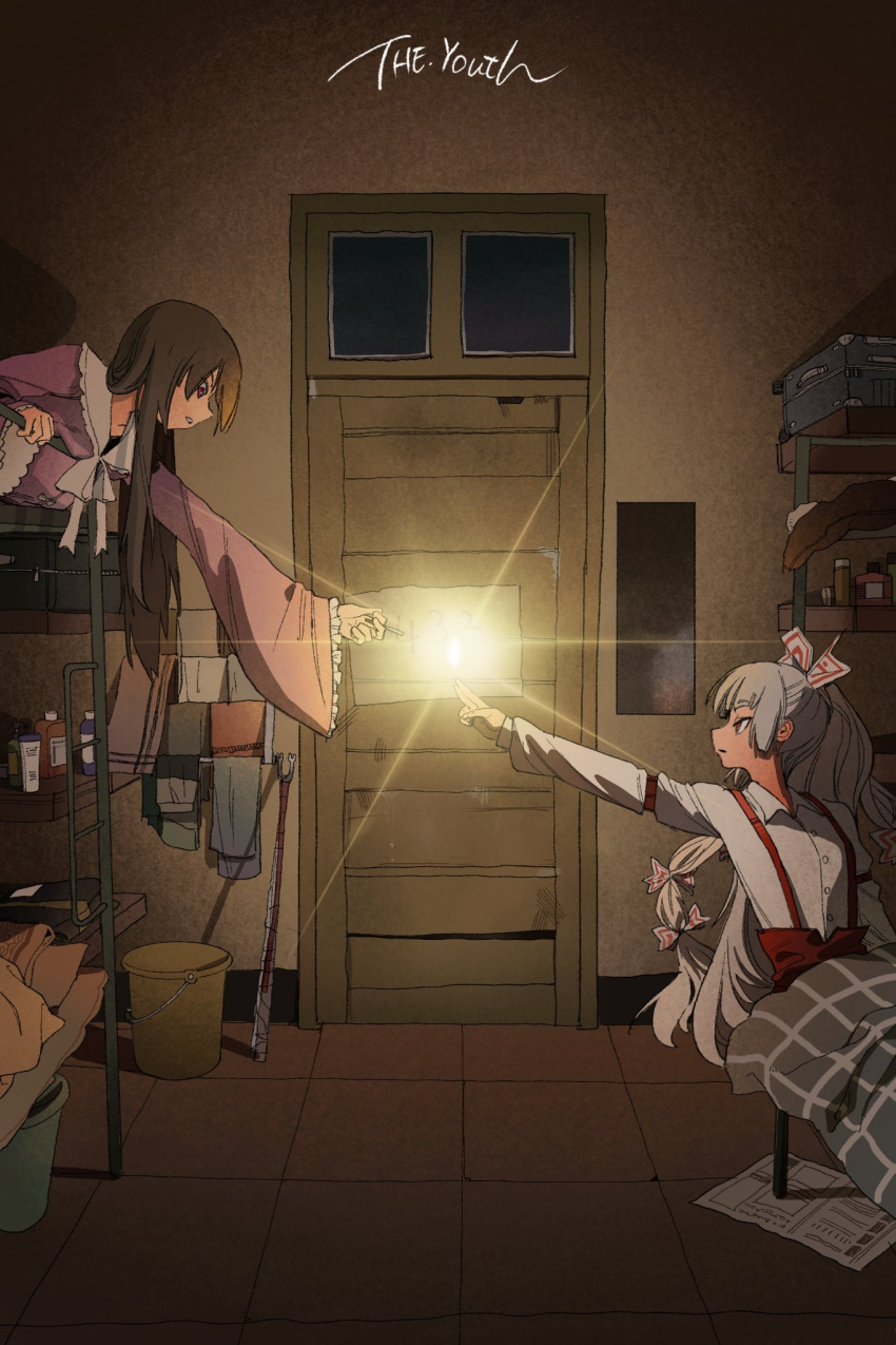 2girls bed bow brown_hair bunk_bed buttons chenwei_jun chinese_commentary cigarette collared_shirt commentary_request door dress english_text fire fujiwara_no_mokou grey_hair hair_bow hand_up highres holding holding_cigarette houraisan_kaguya indoors leaning lighting_cigarette long_hair long_sleeves looking_at_another looking_to_the_side multiple_girls night pink_dress shirt sitting sleeve_garter suspenders touhou under_covers very_long_hair white_shirt wide_sleeves