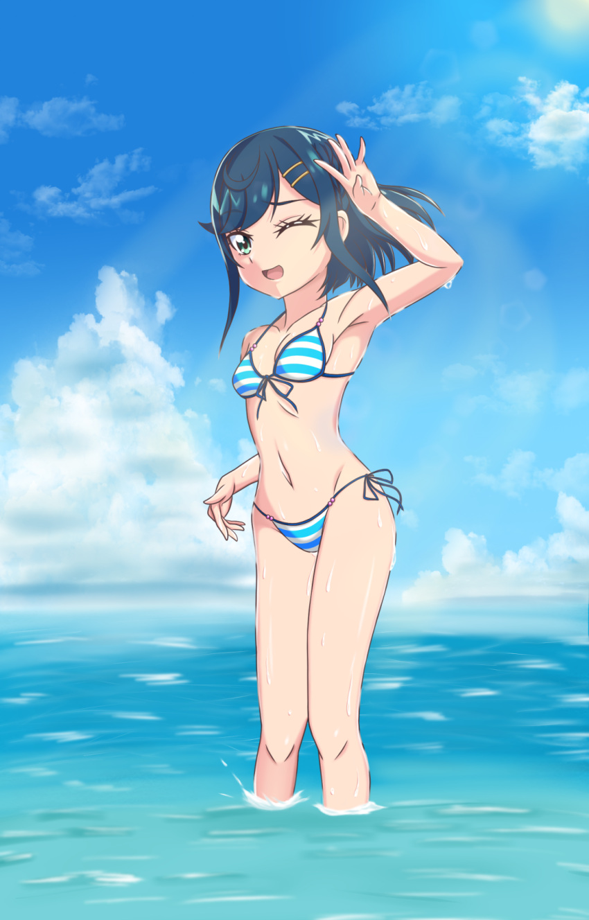 1girl armpits bikini blue_hair blue_sky bob_cut breasts cloud cloudy_sky commentary day delicious_party_precure front-tie_bikini_top front-tie_top fuwa_kokone green_eyes hair_ornament hairclip highres horizon looking_at_viewer merit_(user_cmvj8887) navel ocean one_eye_closed open_mouth outdoors precure short_hair side-tie_bikini_bottom sky small_breasts smile solo standing striped_bikini striped_clothes swimsuit wading water wet wind