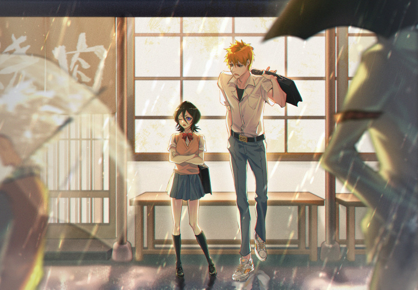 1boy 1girl bag belt bench black_hair black_socks black_undershirt bleach blurry blurry_foreground brown_hair cardigan collared_shirt crossed_arms full_body hair_between_eyes hand_in_pocket highres hitsugaya_toushirou holding holding_bag holding_umbrella kneehighs kuchiki_rukia kurosaki_ichigo looking_at_another neck_ribbon one_eye_closed open_mouth orange_hair outdoors pleated_skirt purple_eyes rain red_ribbon ribbon school_bag school_uniform shirt shoes short_sleeves skirt sneakers socks spiked_hair takenokoqvq ulquiorra_cifer umbrella white_hair white_shirt white_sneakers