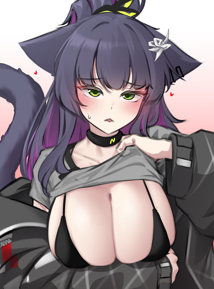 1girl absurdres animal_ears arknights black_bra black_choker black_hair black_jacket blush bra breasts cat_ears cat_girl cat_tail choker cleavage clothes_lift collarbone colored_inner_hair commentary ears_down english_commentary gradient_background green_eyes grey_shirt hair_ornament heart highres jacket jessica_(arknights) jessica_the_liberated_(arknights) k0ng large_breasts lifted_by_self long_sleeves looking_at_viewer multicolored_hair off_shoulder ponytail puffy_long_sleeves puffy_sleeves purple_hair shirt shirt_lift short_sleeves simple_background solo sweat tail underwear upper_body